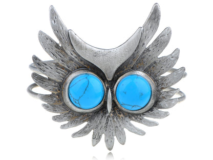 Vintage Fabricated Turquoise Bead Owl Bird Face Bracelet Bangle Cuff