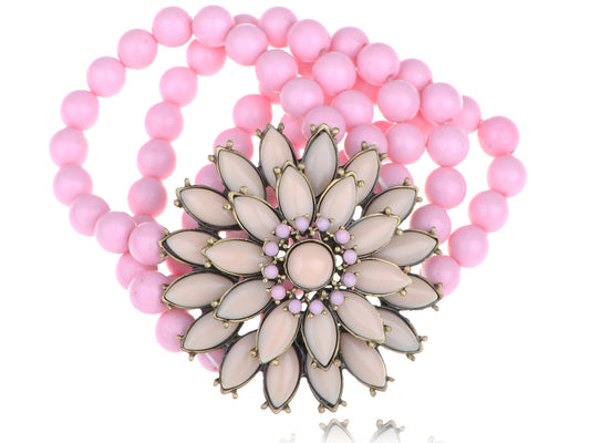 Five Strand Rose Pink Plastic Bead Flower Petals Band Bracelet