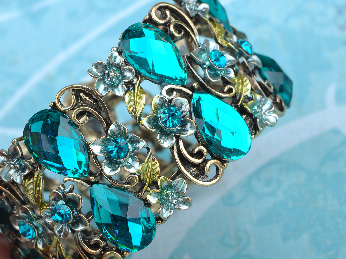Vintage Blue Zircon Flower Fields Garden Bracelet Cuff