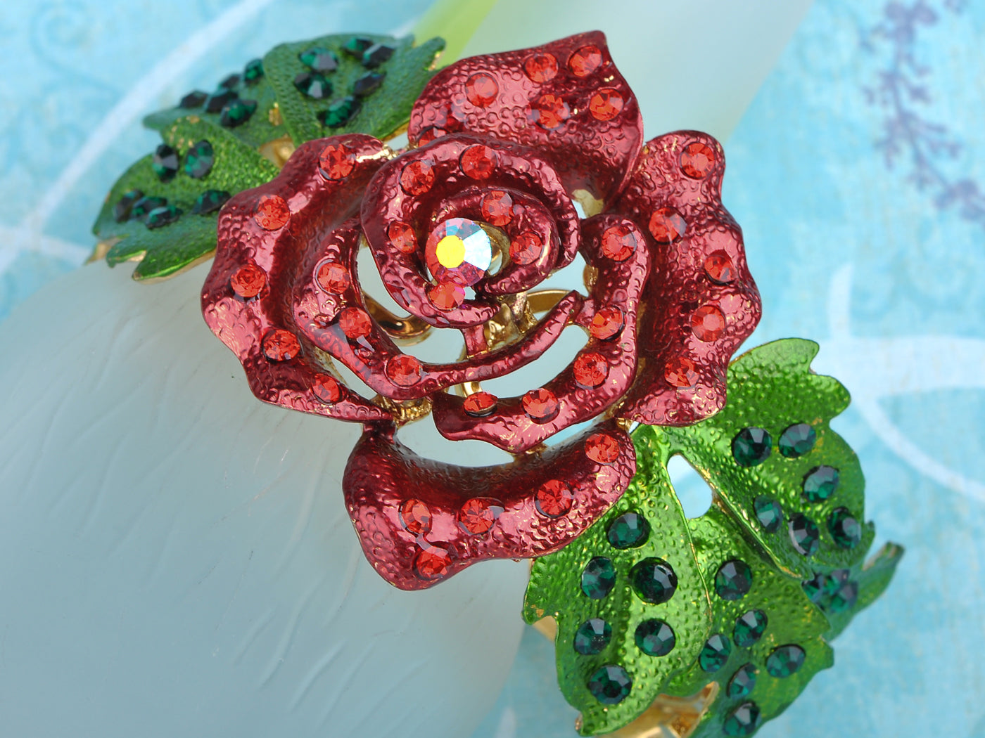 Ruby Emerald Rose Flower Leaf Bracelet Bangle Cuff