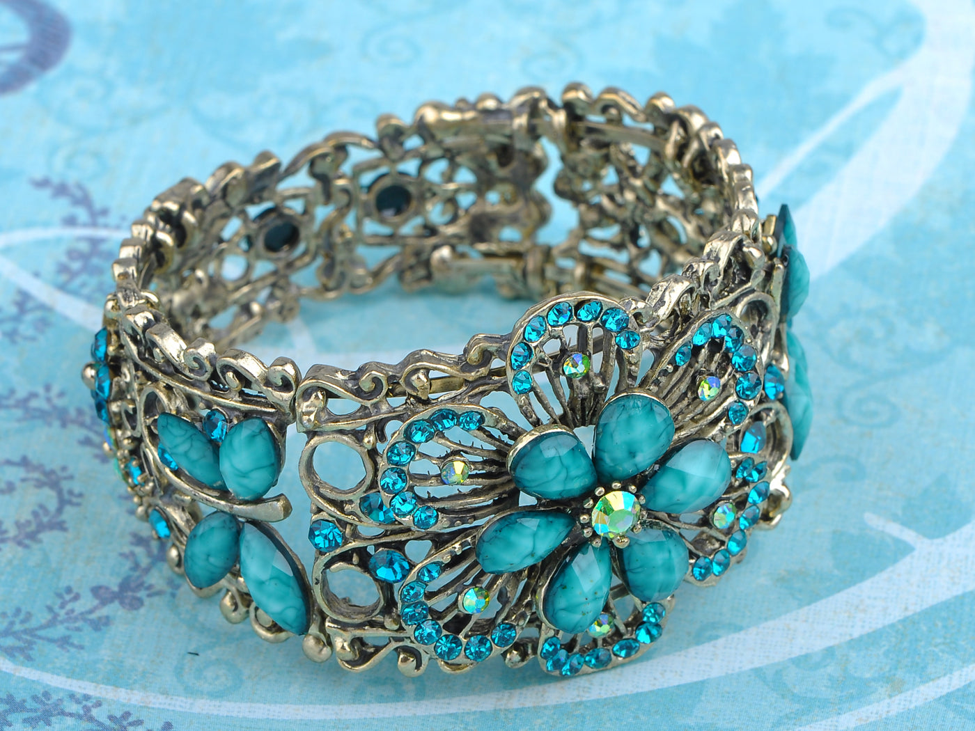 Vintage Flower Dragonfly Blue Bangle Cuff Bracelet