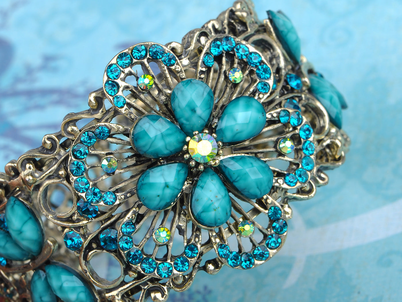Vintage Flower Dragonfly Blue Bangle Cuff Bracelet