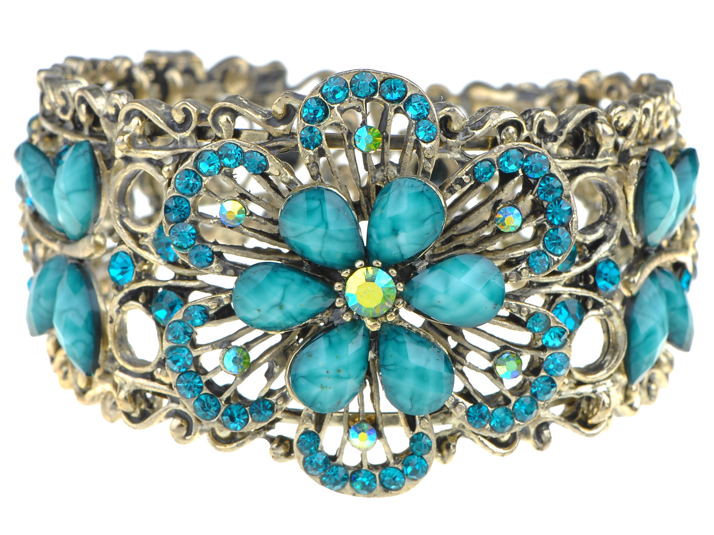 Vintage Flower Dragonfly Blue Bangle Cuff Bracelet