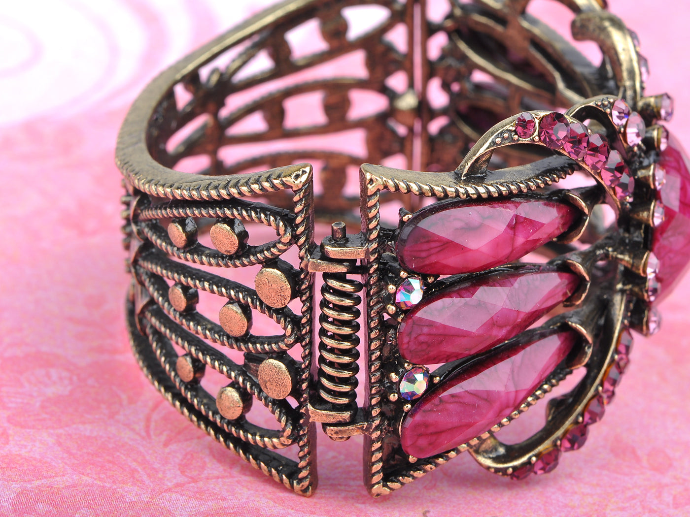 Antique Brass Fuchsia Pink Vintage Floral Bangle Bracelet