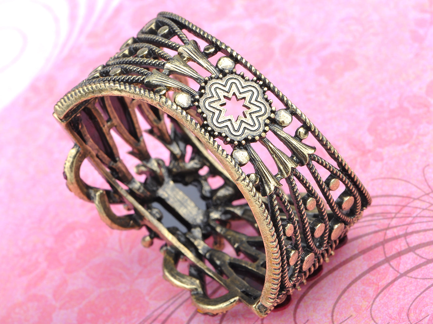 Antique Brass Fuchsia Pink Vintage Floral Bangle Bracelet