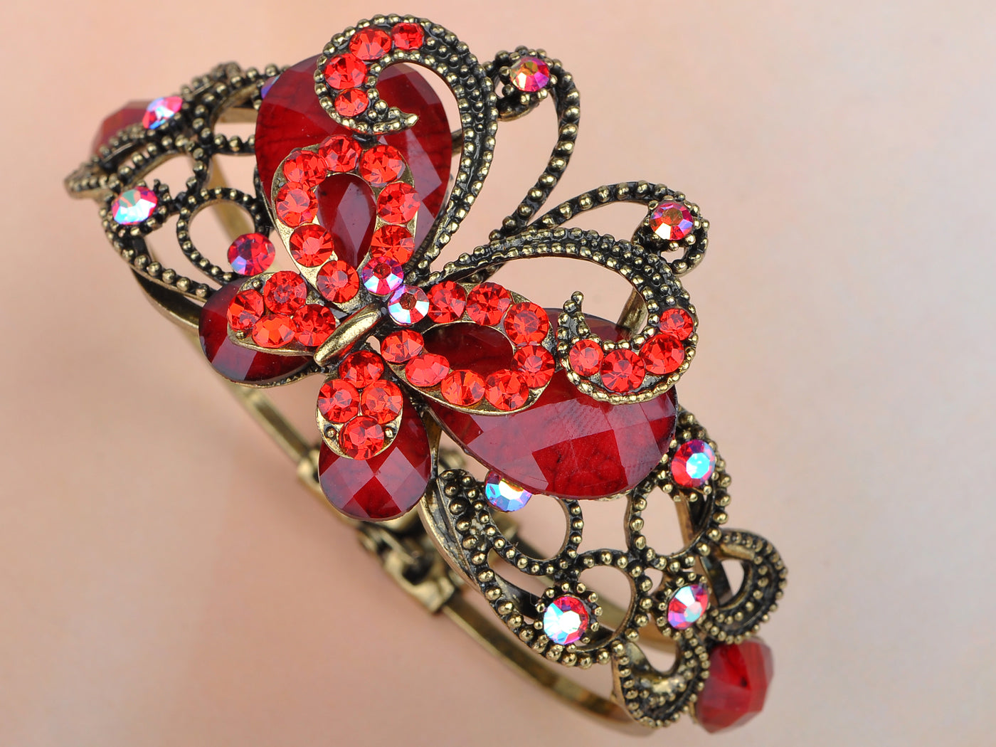Brass Antique Ruby Red Big Diamond Shape Filigree Bangle Cuff Bracelet