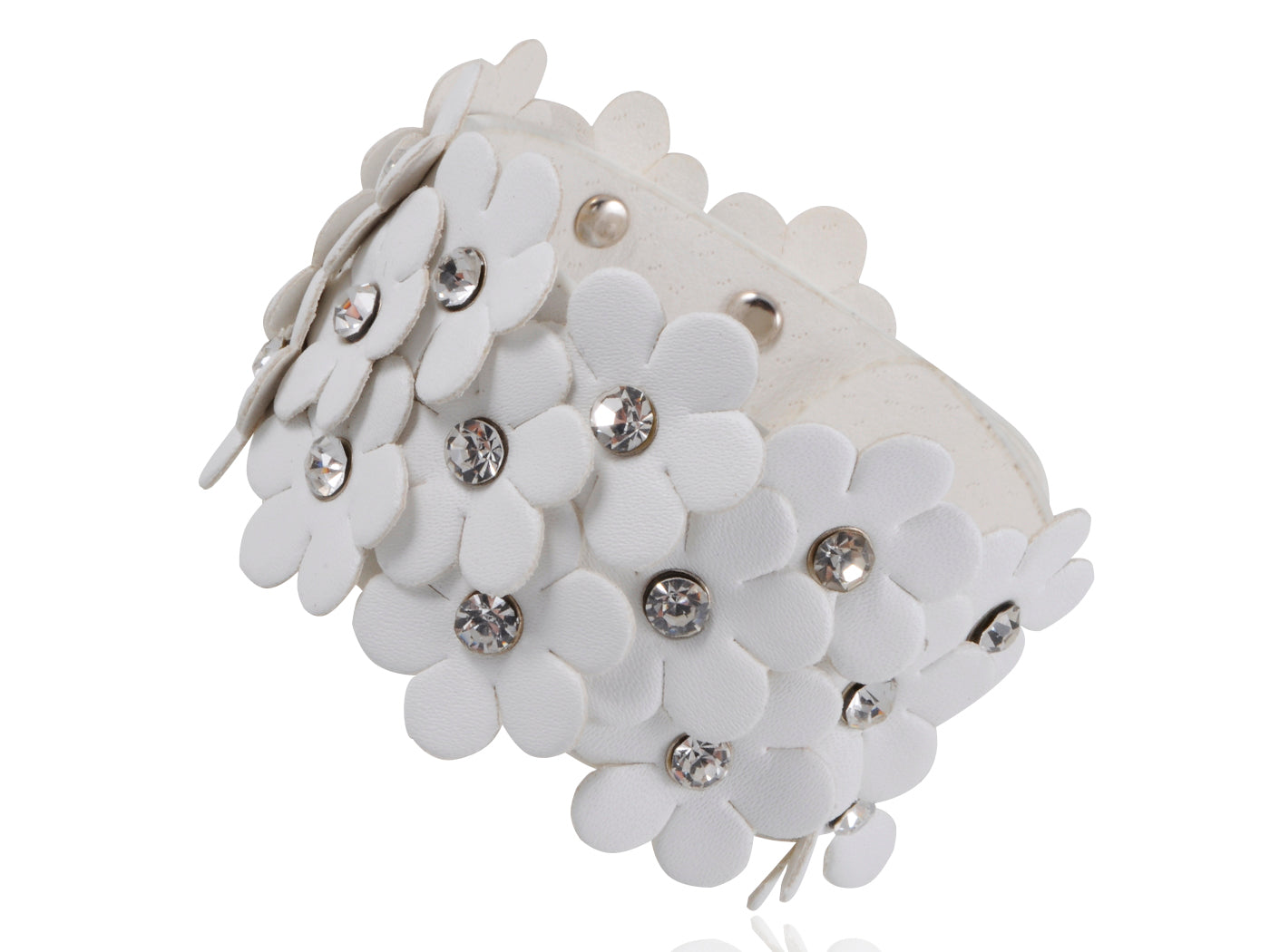 White Daisy Flower Cuts Stud Leather Wrist Cuff Band Bracelet