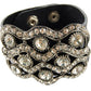 Alilang Womens Black Faux Leather Clear Rhinestones Glam Rockstar Button Cuff Bracelet