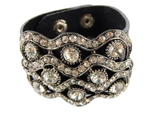 Alilang Womens Black Faux Leather Clear Rhinestones Glam Rockstar Button Cuff Bracelet