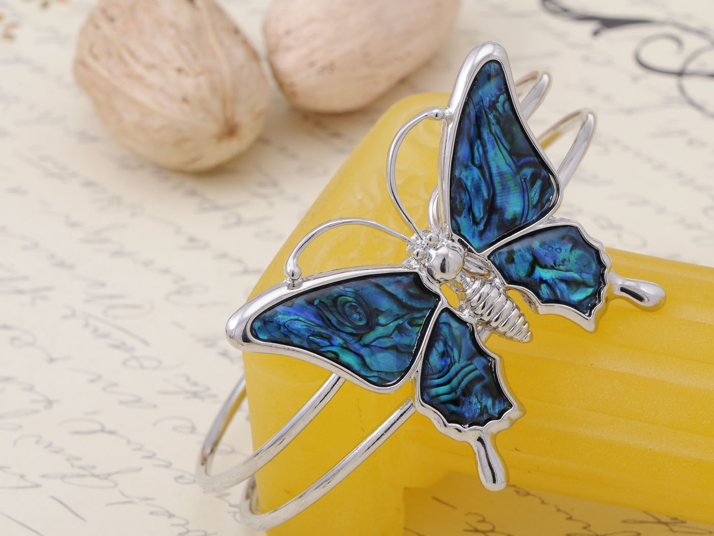 Queen Butterfly Blue Abalone Pearl Shell Wing Double Band Bracelet Bangle