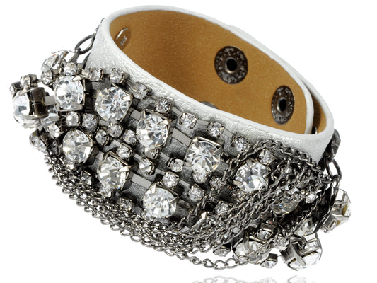 White Leather Studded Chain Button Snap Wrap Cuff Bracelet