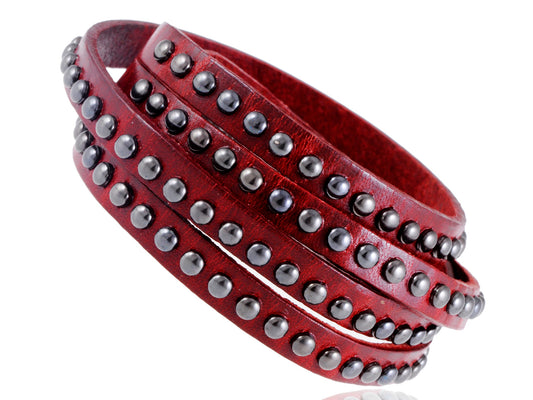 Mahogany Brown Multi Strand Leather Stud Wrapped Wrist Band Bracelet