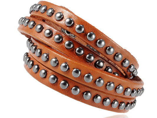 Light Cow Tan Brown Multi Strand Leather Stud Wrap Wrist Band Bracelet