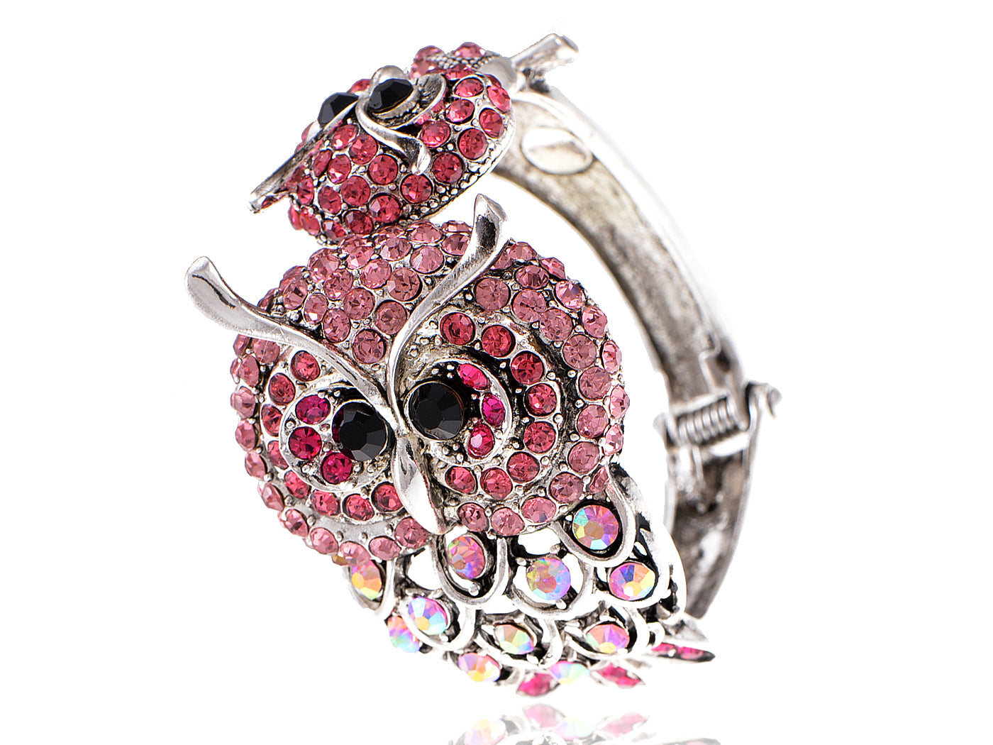 Rose Pink Fuchsia Ab Owl Pair Love Birds Bracelet Bangle Cuff