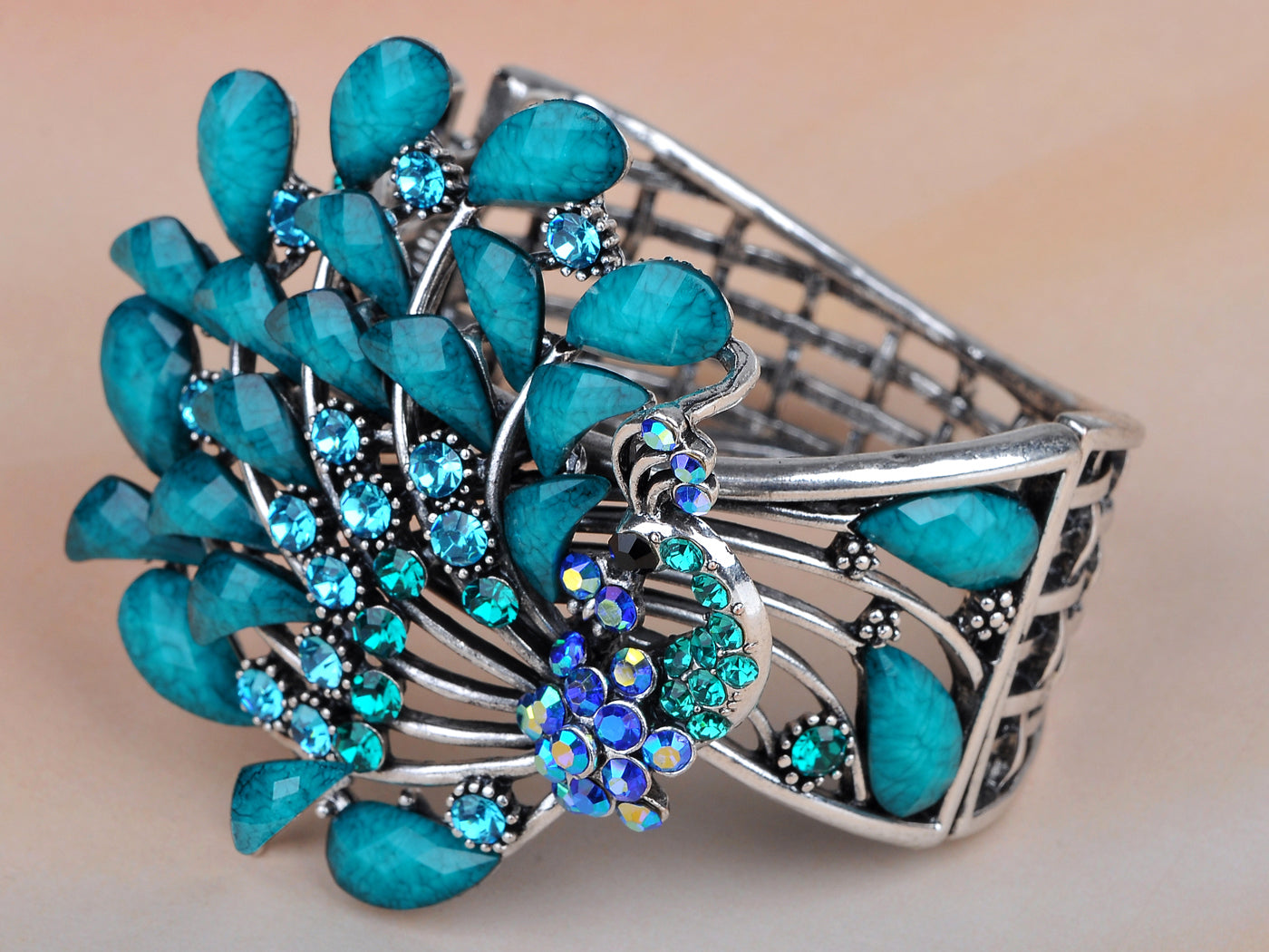 Antique Turquoise Blue Gems Enamel Peacock Bracelet Bangle