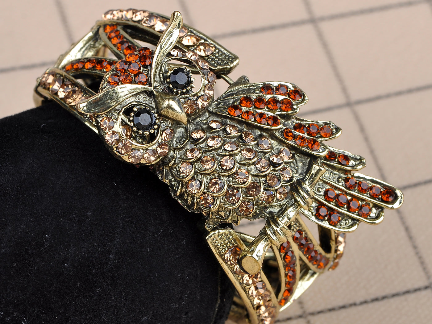 Antique Gold Topaz Colored Owl Bird Bangle Cuff Bracelet