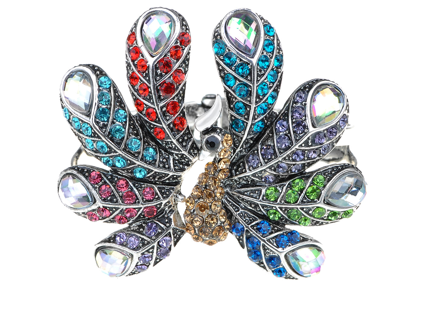 Colorful Multicolored Ab Teardrop Pave Peacock Bird Bracelet Cuff