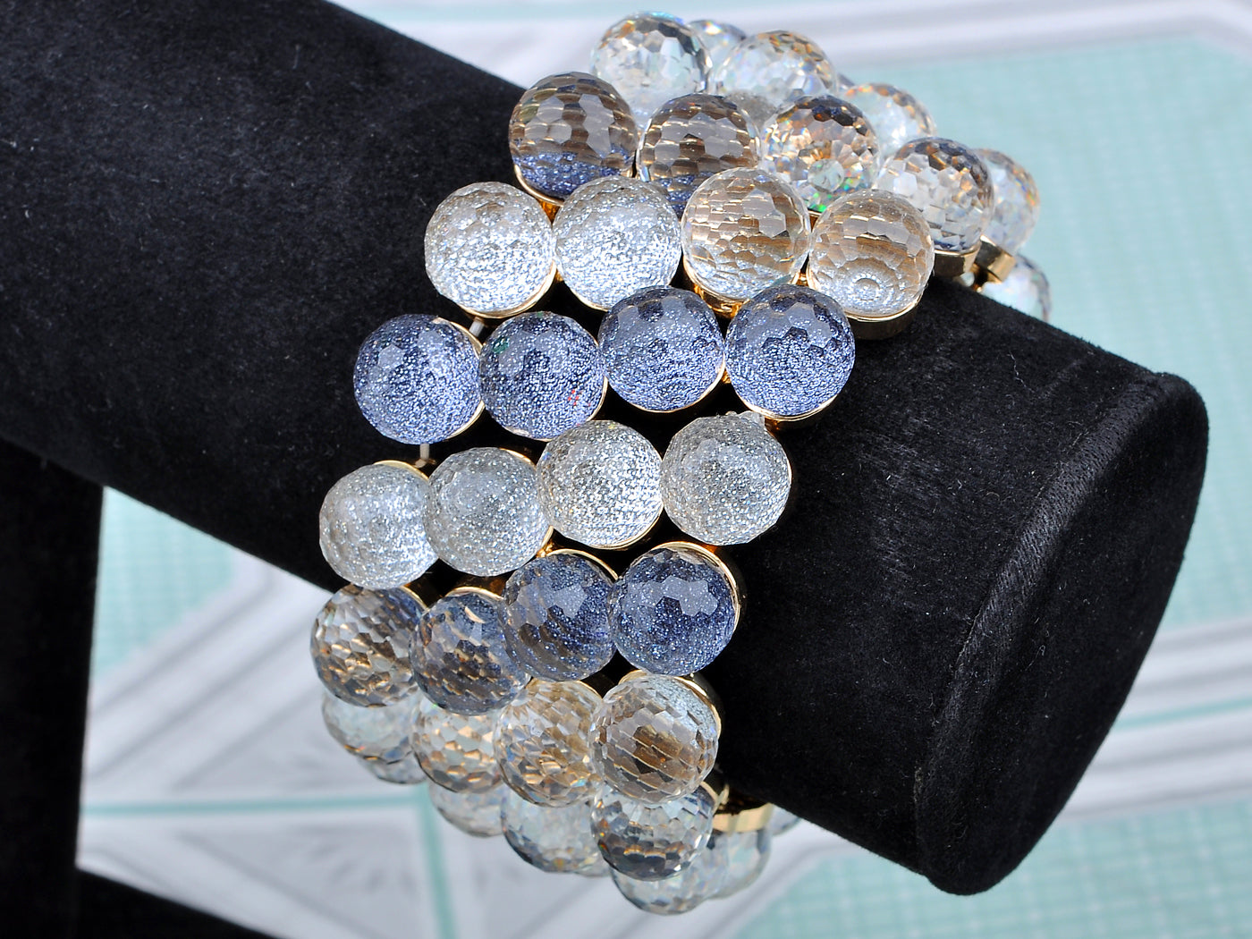 Gold Light Blue Beaded Glittered Bracelet Bangle Cuff