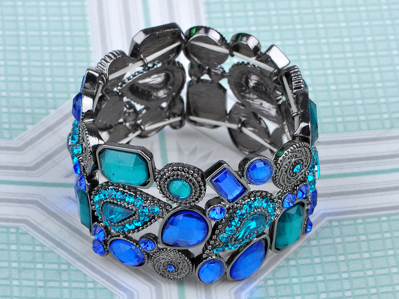 Antique Blue Stretch Cuff Bangle Bracelet