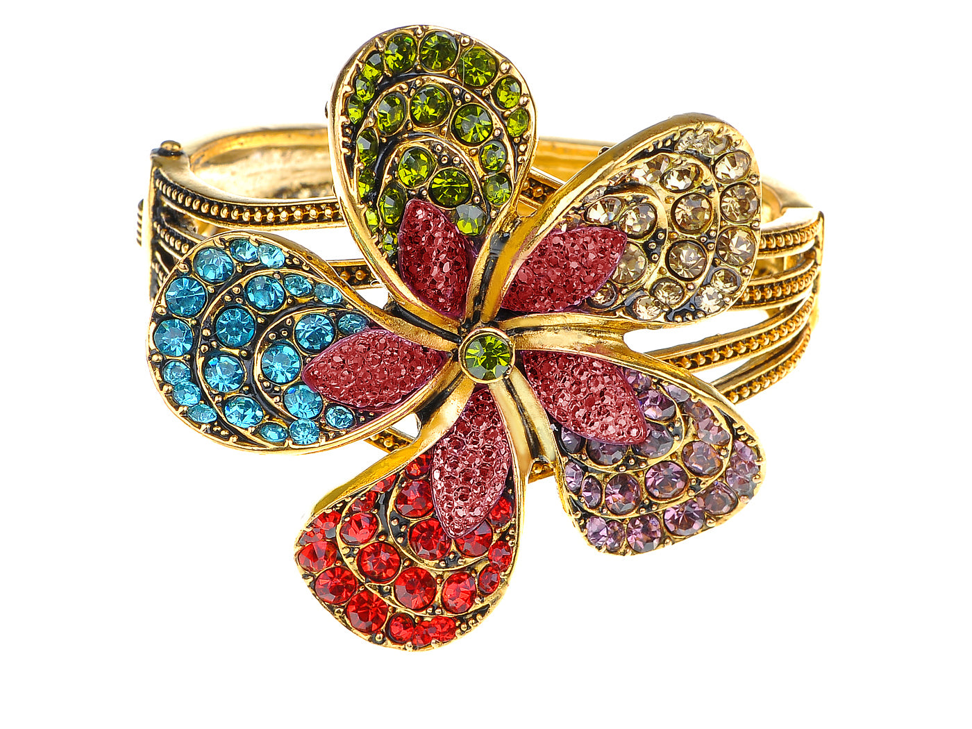 Rainbow Multicolor Flower Filigree Cuff Bangle Bracelet