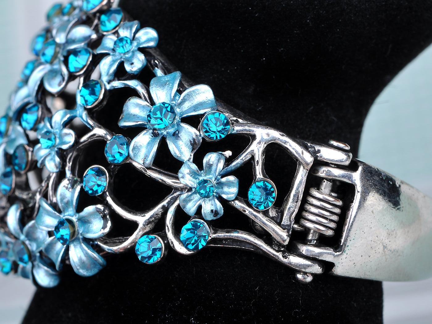 Blue Zircon Painted Spring Floral Flower Bracelet Bangle Cuff