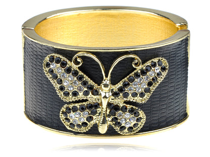Jet Black Leather Butterfly Bracelet Bangle Cuff