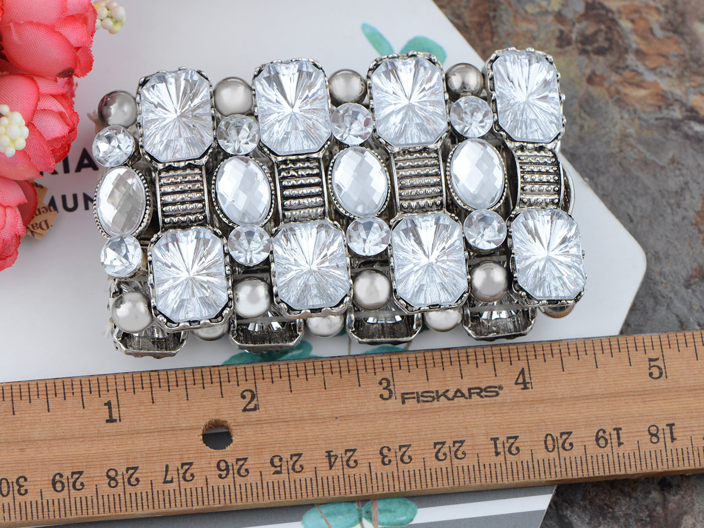 Vintage Mosiac Gem Bead Detailed Gypsy Elastic Bracelet Cuff
