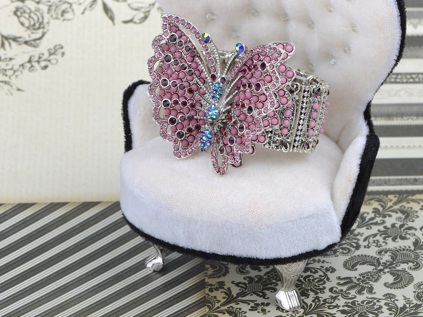 Pink Beaded Butterfly Statement Bracelet Cuff