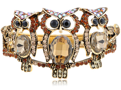 Sensational 3 Bird Owls With Gems Cuff Bracelet