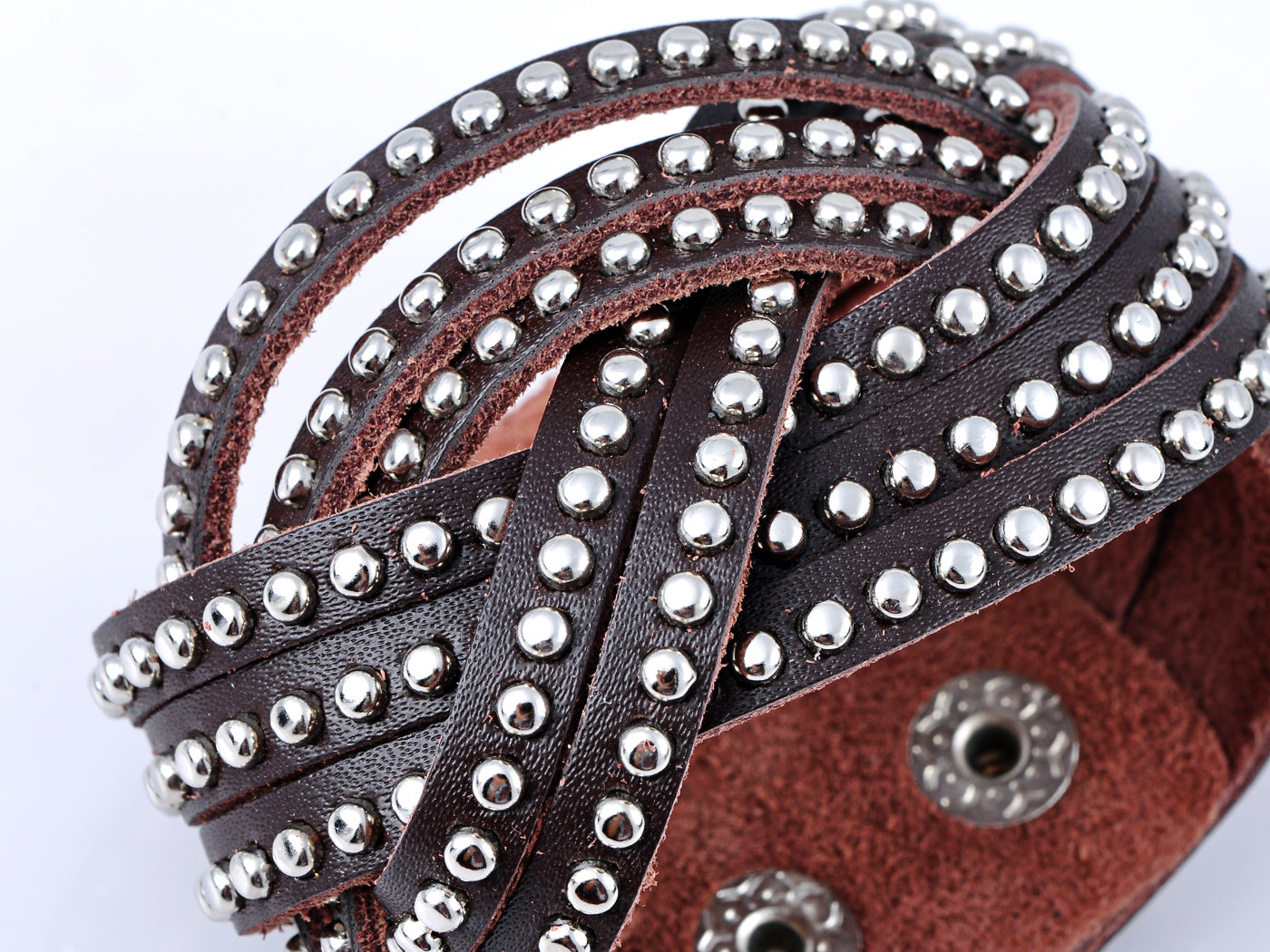 Western Country Brown Leather Layered Studded Snaps Wrap Cuff Bracelet