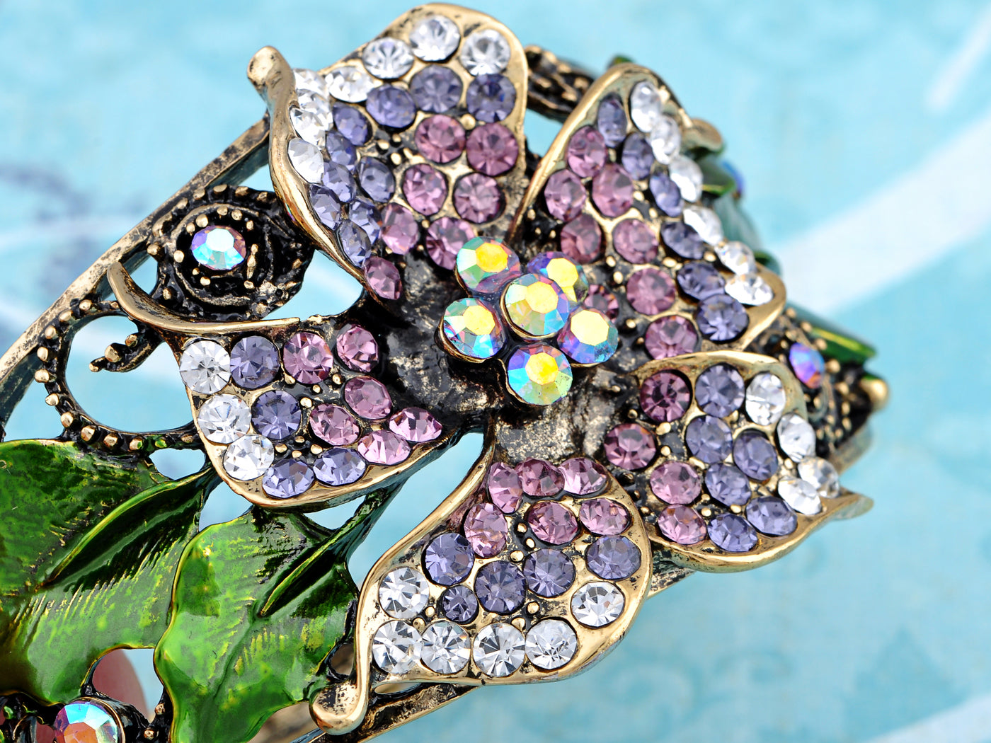 Antique Lavender Purple Flower Cuff Bangle Bracelet