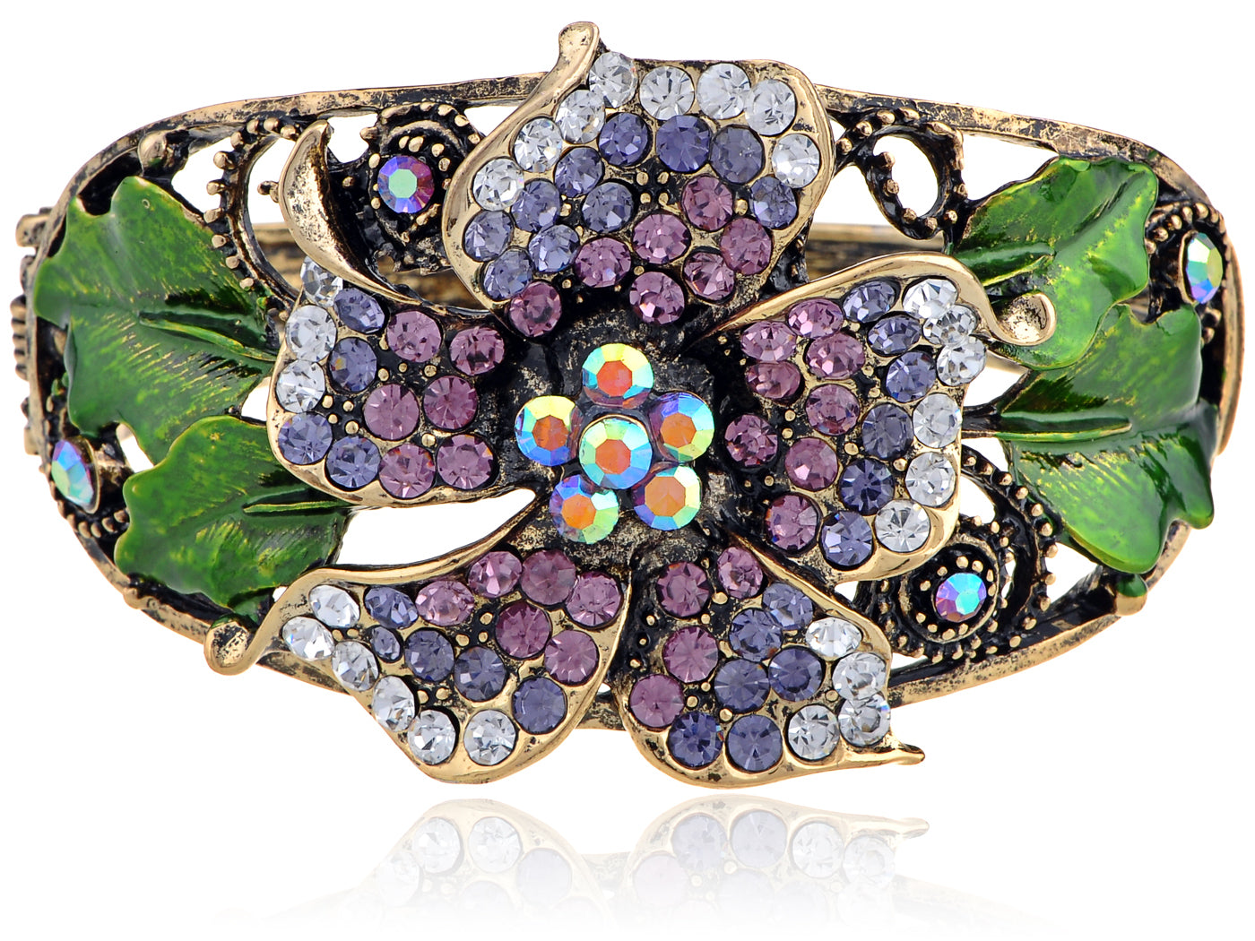 Antique Lavender Purple Flower Cuff Bangle Bracelet