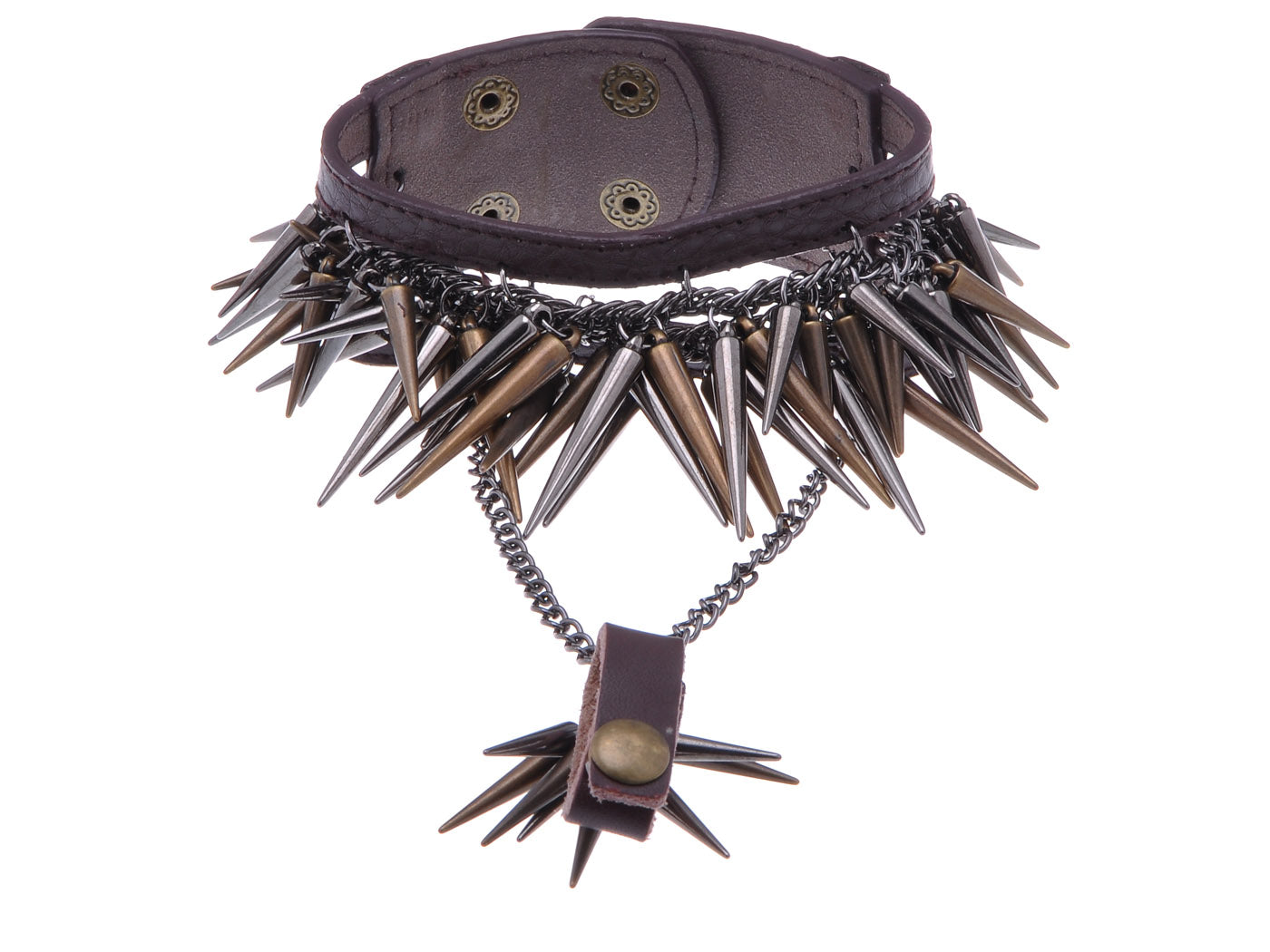 Brown Leather Grungy Style Long Spiked With Attatchable Ring Bracelet