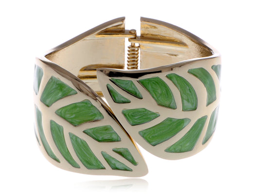Interesting Green Shell Like Vein Double Leaf Bangle Bracelet
