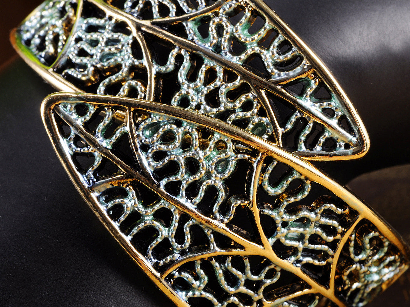 Antique Intricate Carved Feather Leaf Bangle Cuff Bracelet