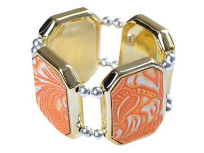 Orange Cameo Four Rectangle Beaded Bangle Bracelet Cuff