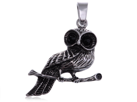 Stainless Steel Big Eyed Standing Owl Necklace Pendant