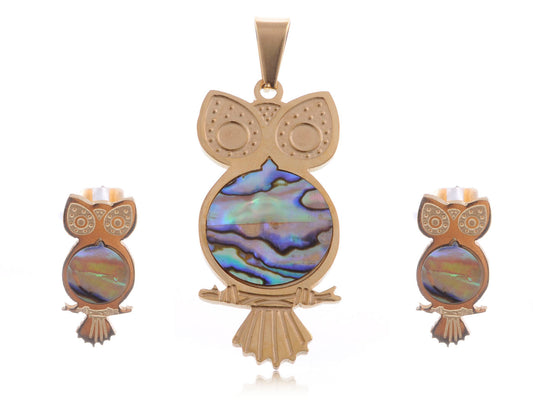 Stainless Steel Shell Like Owl Necklace Pendant Earring Set