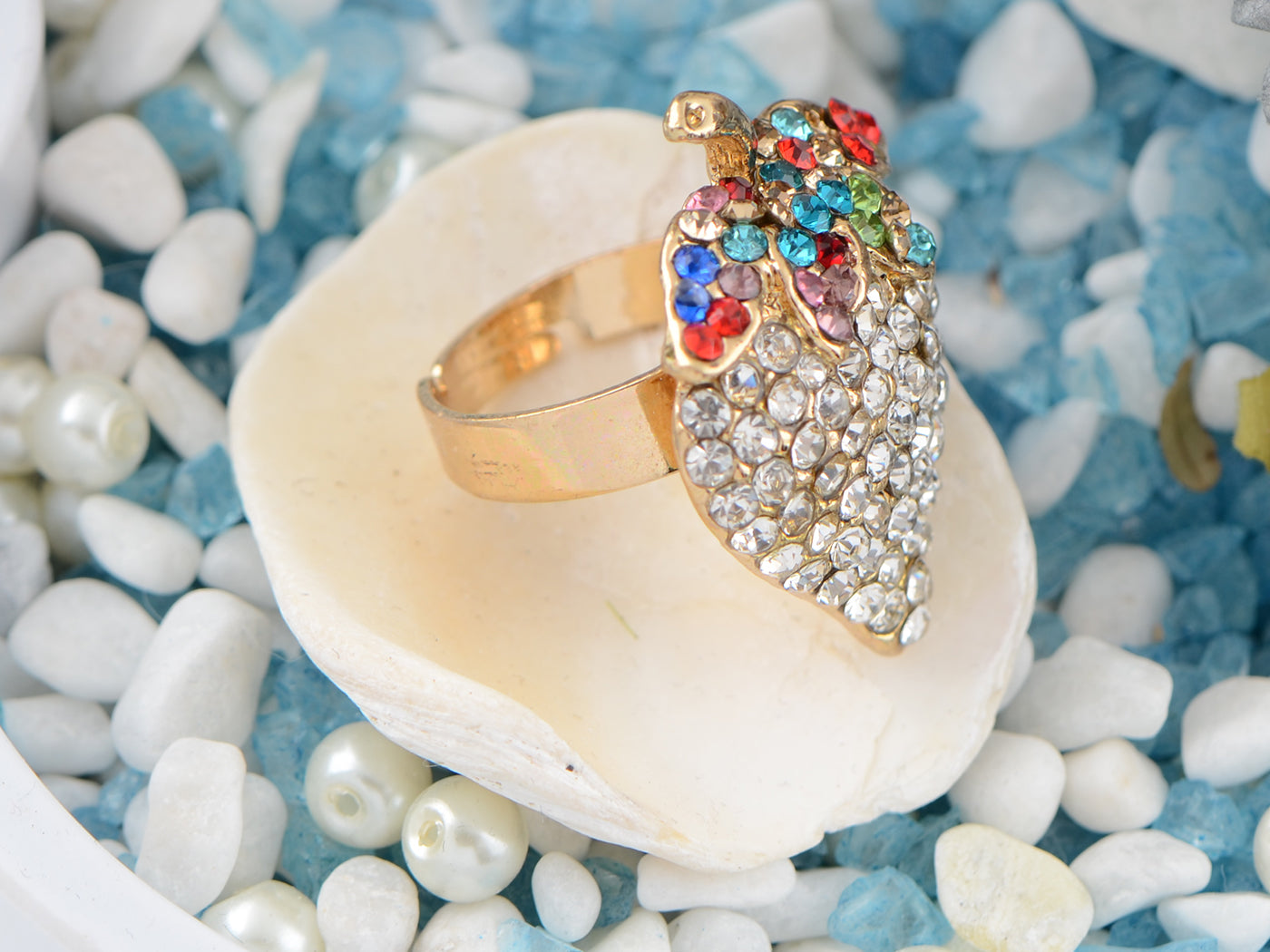 Women Elegant Crystal Rhinestone Sweet Strawberry With Colorful Leaves Fashion Ring