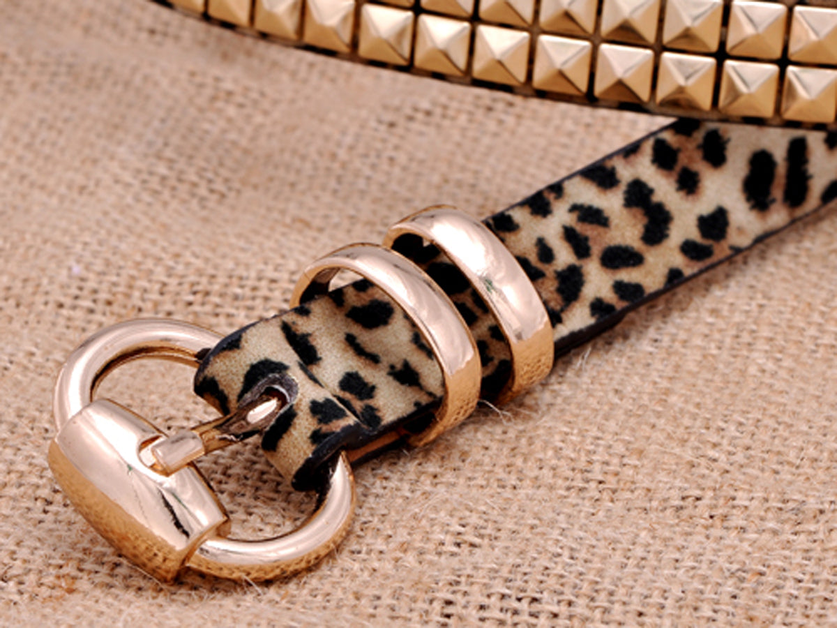 Leopard Print Gold Solid Geometry Beads Leather Belt