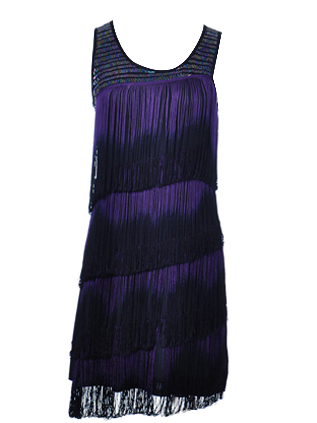 Womens Black Purple Dip Dye Fringe Tiered Scoop Neck Sleeveless Dress
