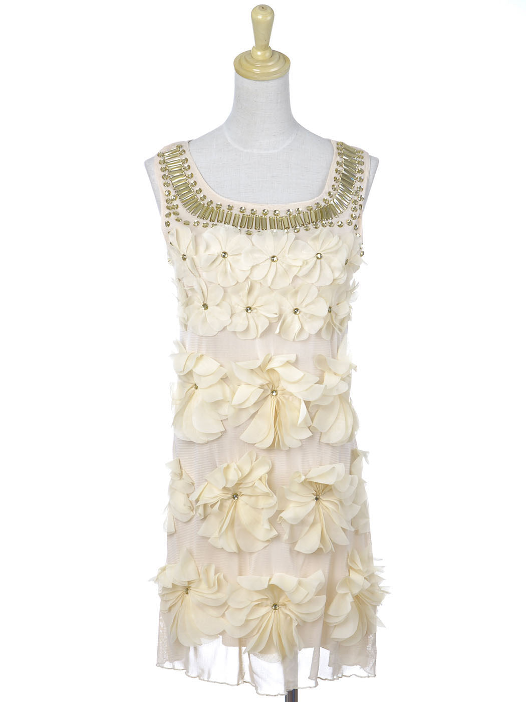 Beige Cream Floral Flower Petal Gem Stone Bead Neckline Sleeveless Dress