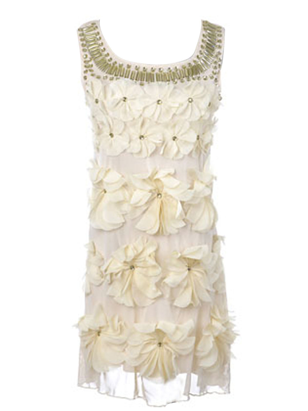 Beige Cream Floral Flower Petal Gem Stone Bead Neckline Sleeveless Dress