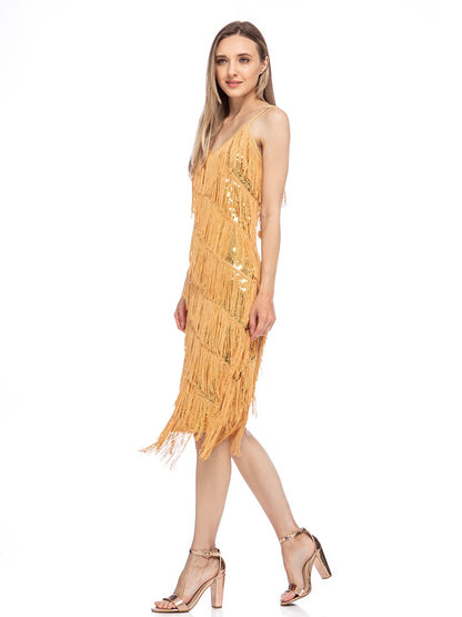 Sequin Fringe Flapper Midi Dress