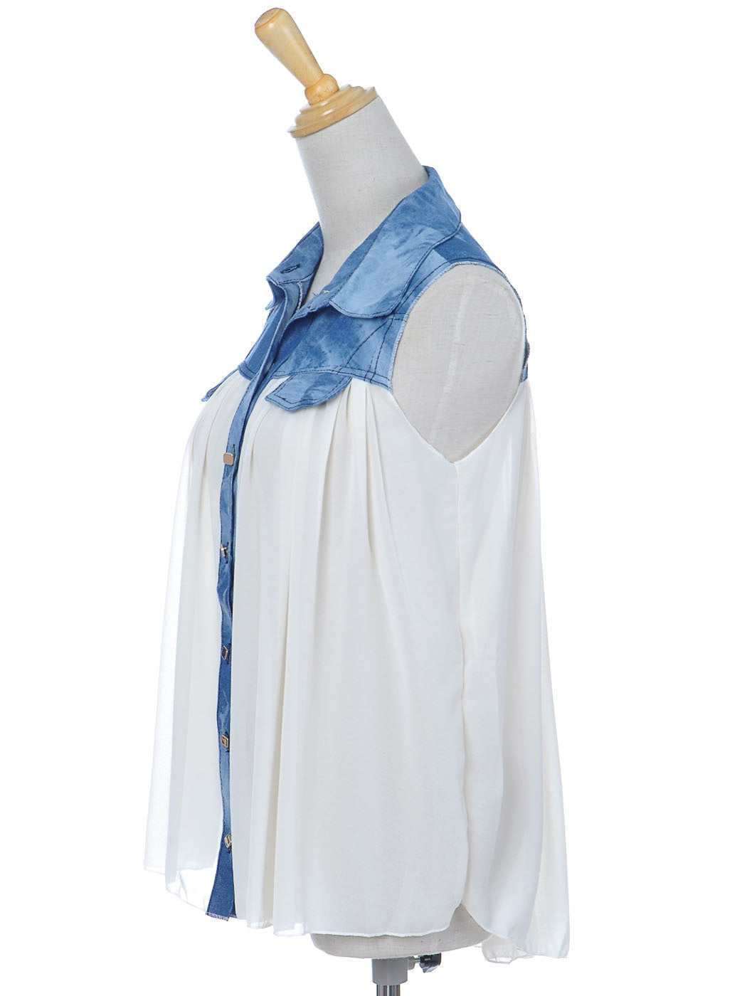 Off-White Sheer Collared Button-Down Blouse Acid Wash Blue