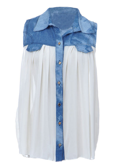 Off-White Sheer Collared Button-Down Blouse Acid Wash Blue