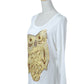 White Crochet Artistic Gold Owl Sequined Detail Top