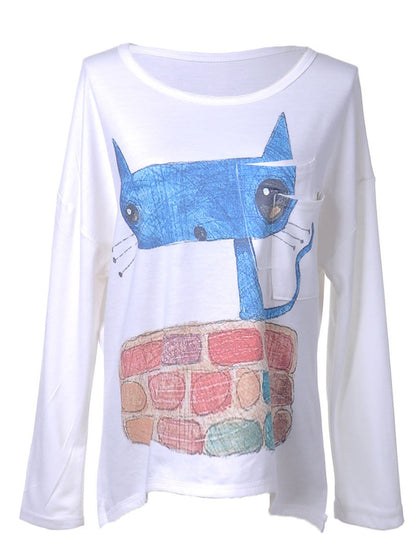 S/M Fit Crisp White L/S Fashion T-Shirt w Cartoon Kitty Cat Image