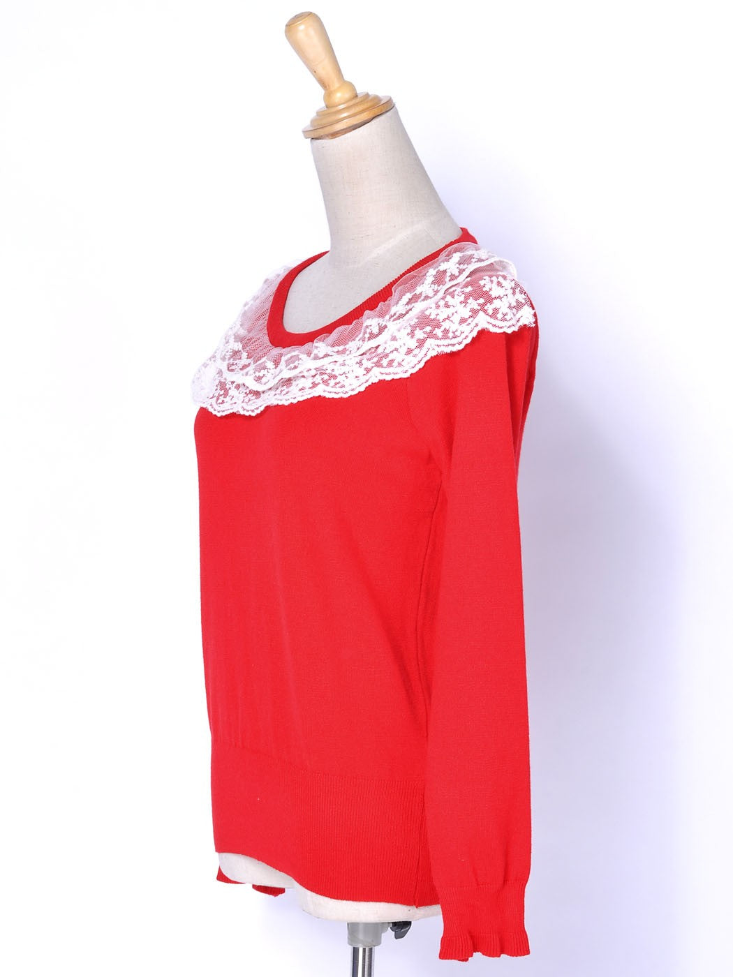 S/M Fit Bright Red Knit L/S Sweater w Lace Embroidered Collar Details
