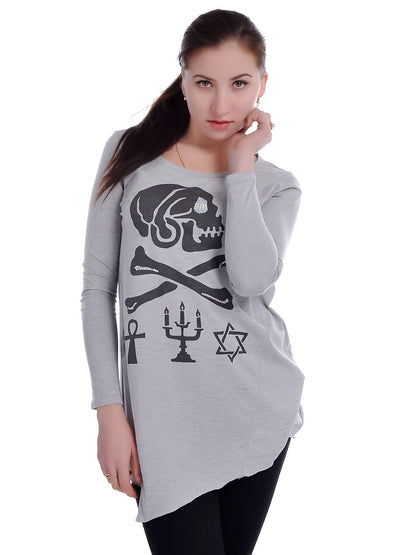 Grey Long Sleeve Skull and Cross Bones Top